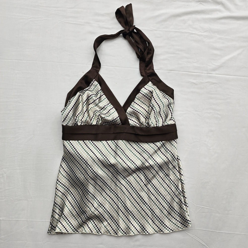 Vanity Y2K Halter Top Large Brown Green Satin Tie Back Retro 2000s USA